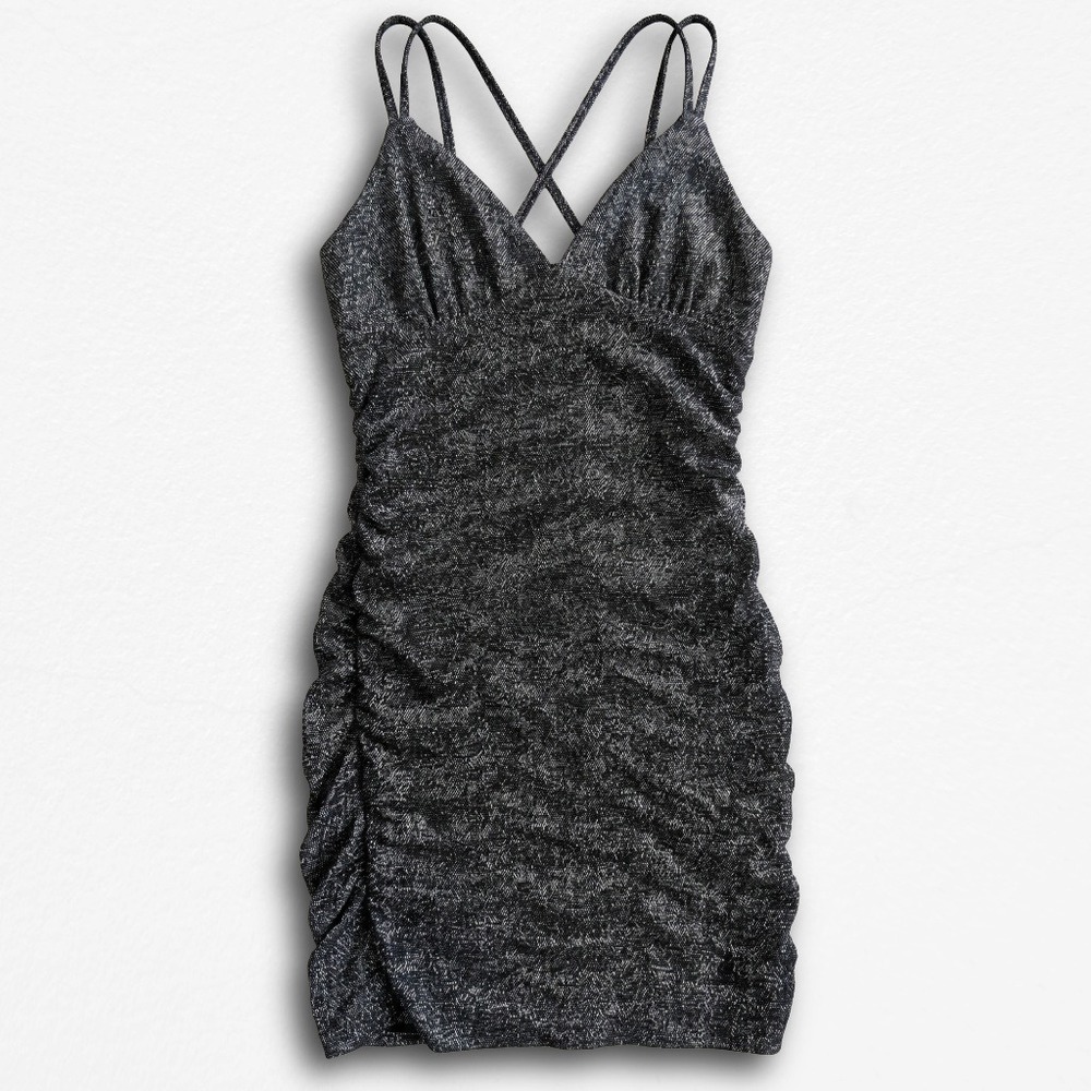 Wild Fable Women XS Metallic Silver Black Ruched Bodycon Mini Dress Strappy Back